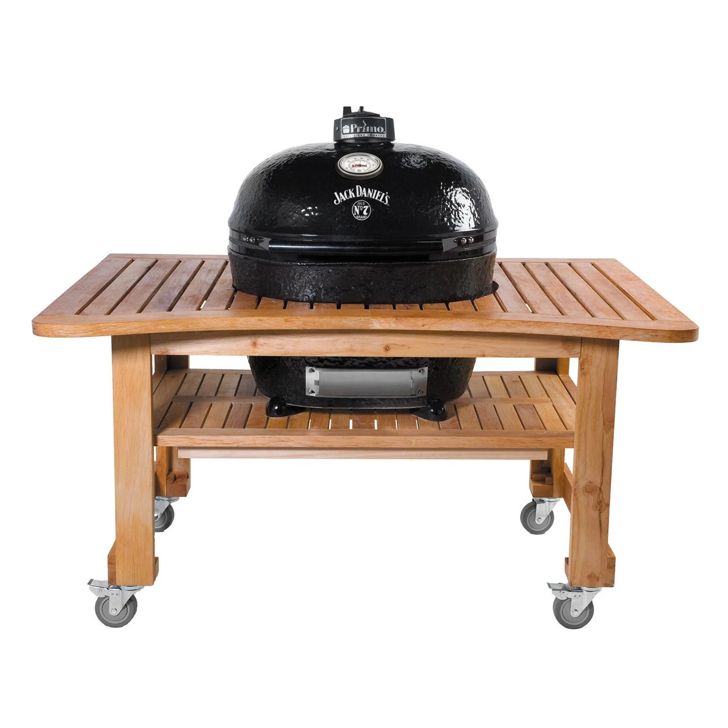 Primo CXLHJ-600 Jack Daniel's Edition Extra Large Oval Ceramic Charcoal Kamado Grill On Curved Cypress Table
